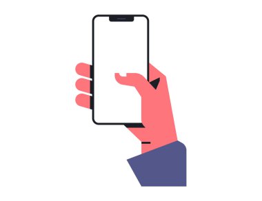 Telefonu tutan el. Boş ekran, mobil uygulama, telefon modeli, dokunmatik ekrandaki uygulama. Vektör illüstrasyonu beyaz arkaplanda izole edildi