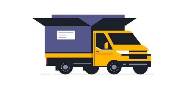 Vrachtwagens voor de online pakketbezorgdienst. Vervoer voor de levering van bestellingen. Vrachtwagen vooraanzicht in halve bocht. Vervoer van bestellingen van pakketten, dozen naar het huis. Open doos. Vectorillustratie — Stockvector
