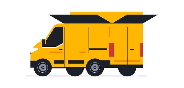 Una furgoneta para un servicio de entrega a domicilio en línea. Transporte para la entrega de pedidos. La furgoneta es una vista trasera y una media vuelta, el cuerpo está en forma de una caja abierta. Ilustración vectorial — Vector de stock
