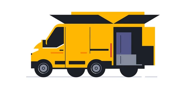 Una furgoneta para un servicio de entrega a domicilio en línea. Transporte para la entrega de pedidos. Vista trasera de la camioneta. Transporte con puertas abiertas y paquetes en el interior, un cuerpo en forma de parcela abierta. Ilustración vectorial — Vector de stock