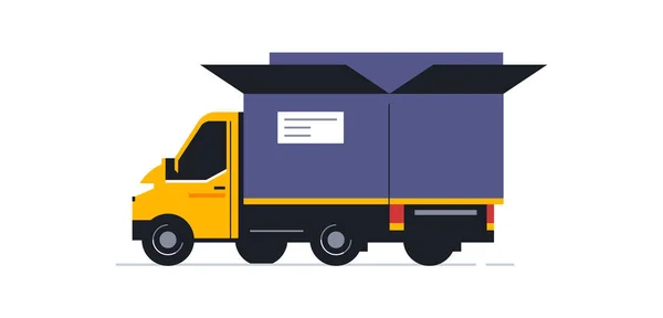 Vrachtwagen voor online levering aan huis. Vervoer voor de levering van bestellingen. Vrachtwagen achterkant, open doos. Vector illustratie geïsoleerd op witte achtergrond — Stockvector