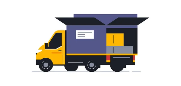 LKW für Online-Lieferservice nach Hause. Transport für die Lieferung von Bestellungen. LKW-Rückseite, offene Karosserie mit Paketen und Kisten. Offene Kiste. Vektor-Illustration isoliert auf weißem Hintergrund — Stockvektor