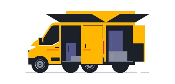 Una furgoneta para un servicio de entrega a domicilio en línea. Transporte para la entrega de pedidos. Vista trasera de la camioneta. Transporte con puertas abiertas y paquetes en el interior, un cuerpo en forma de parcela abierta. Ilustración vectorial — Vector de stock