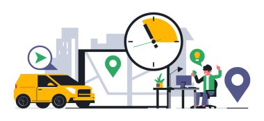 Çevrimiçi yemek dağıtım servisi. Bir ofis çalışanının aklına yemek siparişi vermek geldi. Şehir, ofis, çalışma masası, yemek molası, kurye arabası, saat, harita, sokak, konum, GPS. Vektör illüstrasyonu