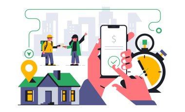 Evinize çevrimiçi yemek servisi. Yemek teslimatı için ödeme terminalinden başarılı bir ödeme yapılmadı. Telefon, şehir, ev, güzergah, kronometre. Vektör illüstrasyonu