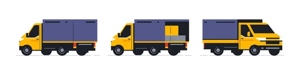 Un conjunto de camiones para un servicio de paquetería en línea. Transporte para la entrega de pedidos. Vista frontal y trasera del camión. Transporte con puertas abiertas y paquetes en el interior. Ilustración vectorial — Vector de stock