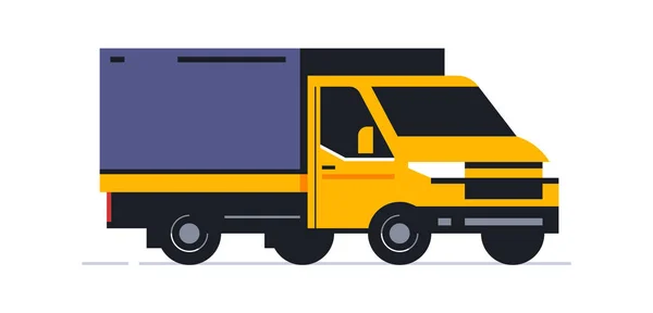 Camiones para el servicio de entrega de paquetes en línea. Transporte para la entrega de pedidos. Vista frontal del camión en media vuelta. Transporte de pedidos de paquetes, cajas a la casa. Ilustración vectorial — Vector de stock