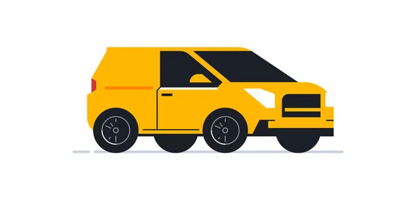 Coche para un servicio de entrega en línea de paquetes y comida a su hogar. Transporte para la entrega de paquetes a su hogar. Vista lateral amarilla del coche en media vuelta. Ilustración vectorial aislada sobre fondo blanco — Vector de stock