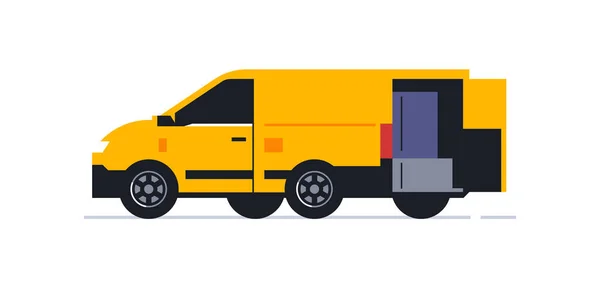 Ein Lieferwagen für einen Online-Lieferdienst nach Hause. Transport für die Lieferung von Bestellungen. Van-Rückansicht in halber Kurve. Transport mit offenen Türen und Paketen im Inneren. Vektorillustration — Stockvektor