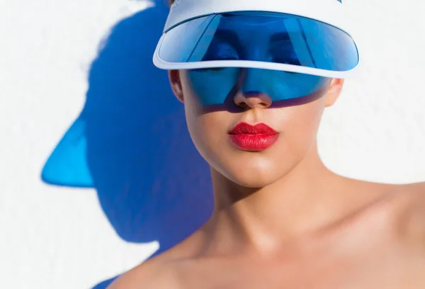 Young woman in bikini sun visor — Stock Photo, Image