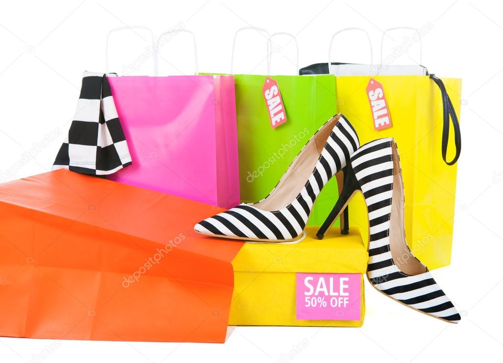 High heels with box and shopping bags