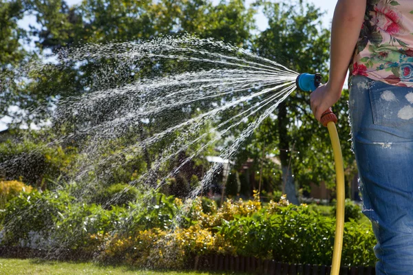 Woman with garden hose — Stock Photo, Image