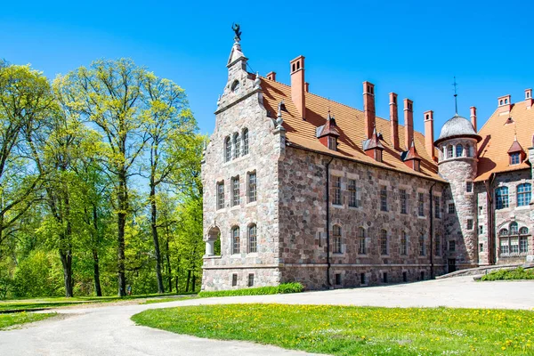 Cesvaine Latvia 2020 Cesvaine Castle 19世纪末的豪宅 由不同颜色的石头建成 屋顶为褐色 绿树和蓝天 — 图库照片