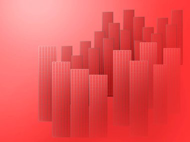 Yüksek binaları kırmızıya boyanmış şehir manzarası.