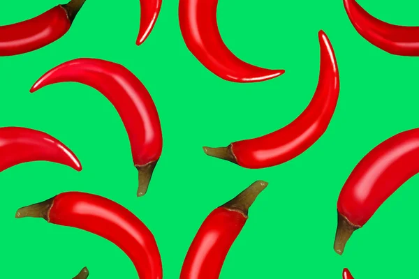 Zökkenőmentes Minta Piros Chili Paprika Zöld Háttér — Stock Fotó