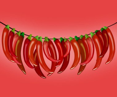 Kırmızı biberler ipte sallanıyor.