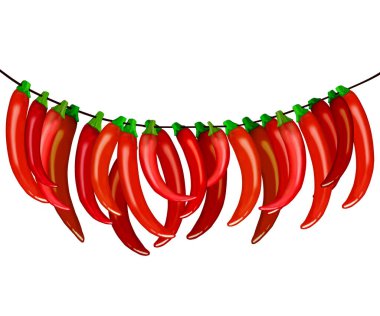 Kırmızı biberler beyaz arka planda ipte sallanıyor..