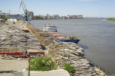 Russia, Astrakhan. 06.12.2021. Freshly sawn logs are loaded onto the barge at the port. clipart