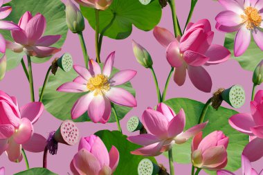 Pembe nilüfer çiçekleri ve mor arkaplanda pürüzsüz desen.