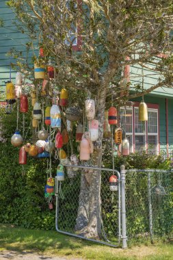 Long Beach, Washington yakınlarındaki bir mahallede ağaç süsleyen eski ağlar..