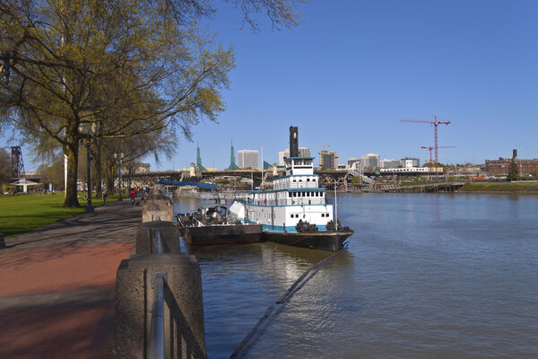 Portland waterfront steamboat and city view.