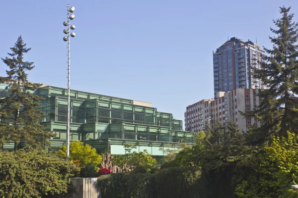 Gebäude und Park in der Innenstadt durchnässen. — Stockfoto