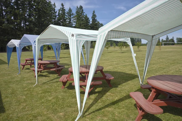 Mesas de piquenique e gazebos tenda no gramado ao ar livre . — Fotografia de Stock