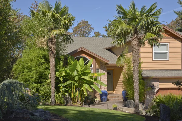 Tropisches Haus mit Palmen und Bananenbäumen. — Stockfoto