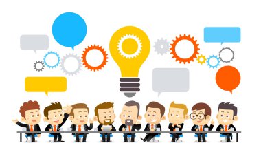  illustration of Team Working In Office.Successful Business Partners Discussing Ideas under big gear, speech bubble and lightbubl At Meeting . Caucasian People.