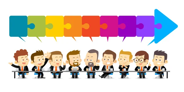 Illustration of Team Working In Office.Successful Business Partners Discussing Ideas under a puzzle of arrow sign At Meeting. Caucasian People. — Stok fotoğraf