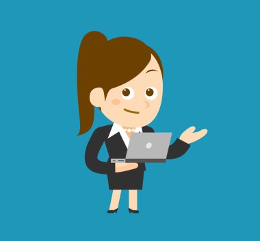 İş kadını ve mavi arka plan üstünde laptop