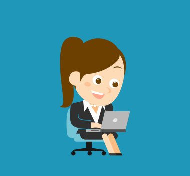 iş kadını ile mavi arka plan üstünde laptop