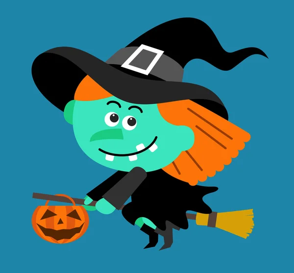 Bruja en una escoba con calabaza de halloween — Vector de stock