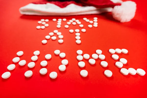 Stay Home Lettering White Pills Red Background Santa Hat High — Stock Photo, Image