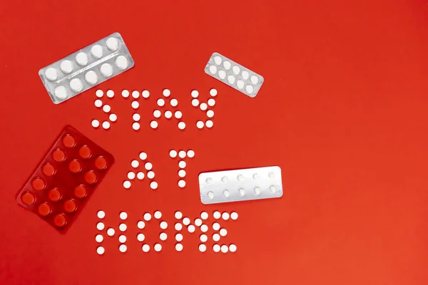 Stay Home Lettering White Pills Red Background Packs Pills High — Stock Photo, Image