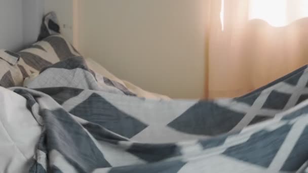 Young Woman Lies Bed Bedspread Falls Woman Wakes Full Footage — Video Stock