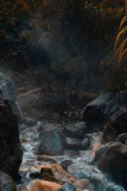 Doğal sülfürik kaplıcalar. Sıcak su taşlardan aşağı akıyor. Filipinler.