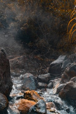 Doğal sülfürik kaplıcalar. Sıcak su taşlardan aşağı akıyor. Filipinler.