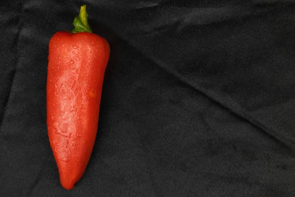 Rode paprika op een zwarte achtergrond. Zwarte stof achtergrond in vouwen. — Stockfoto