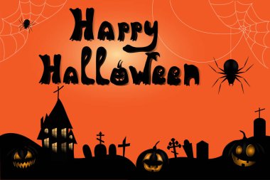 Mutlu Cadılar Bayramı geçmişi. Bir mezarlığı ve korkunç bir evi olan bir arka plan. Vektör illüstrasyonu