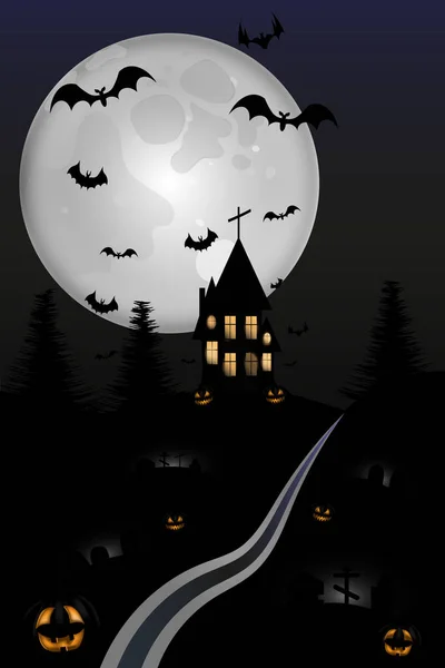 Halloween Night Haunted House Hill Cemetery Smiling Pumpkins Vector Illustration — 图库矢量图片