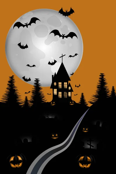 Noche Halloween Colina Cementerio Calabazas Sonrientes Ilustración Vectorial — Vector de stock