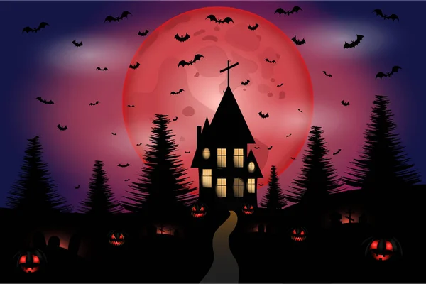 Halloween Night House Hill Backdrop Red Full Moon Cemetery Smiling — 图库矢量图片
