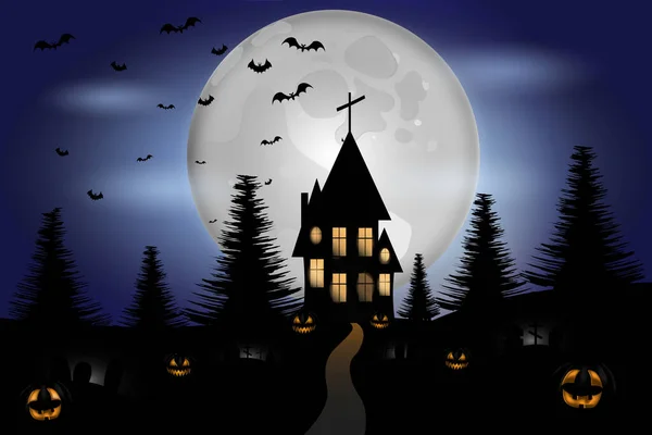 Noche Halloween Casa Embrujada Colina Cementerio Calabazas Sonrientes Ilustración Vectorial — Vector de stock