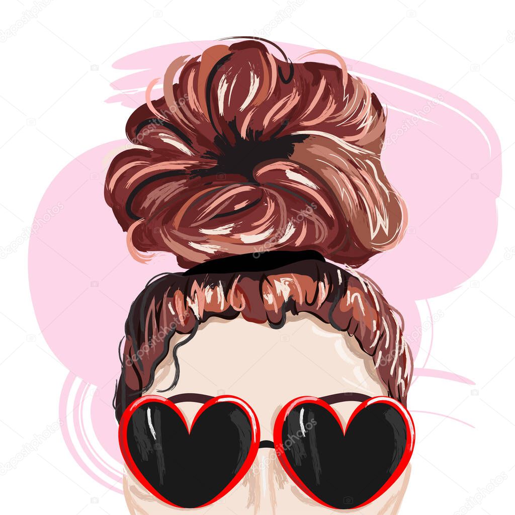 Young woman in heart-shaped glasses and gathered hair in a bun. Vector illustration