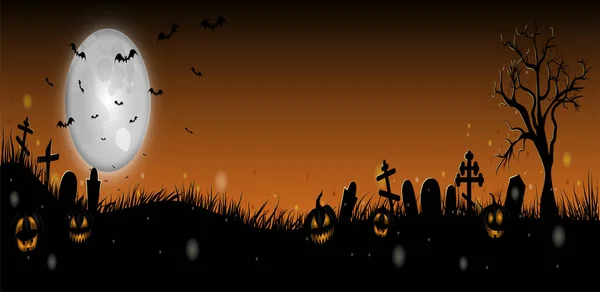 Colorful Halloween Banner Orange Sky Graveyard Vector Illustration — 图库矢量图片