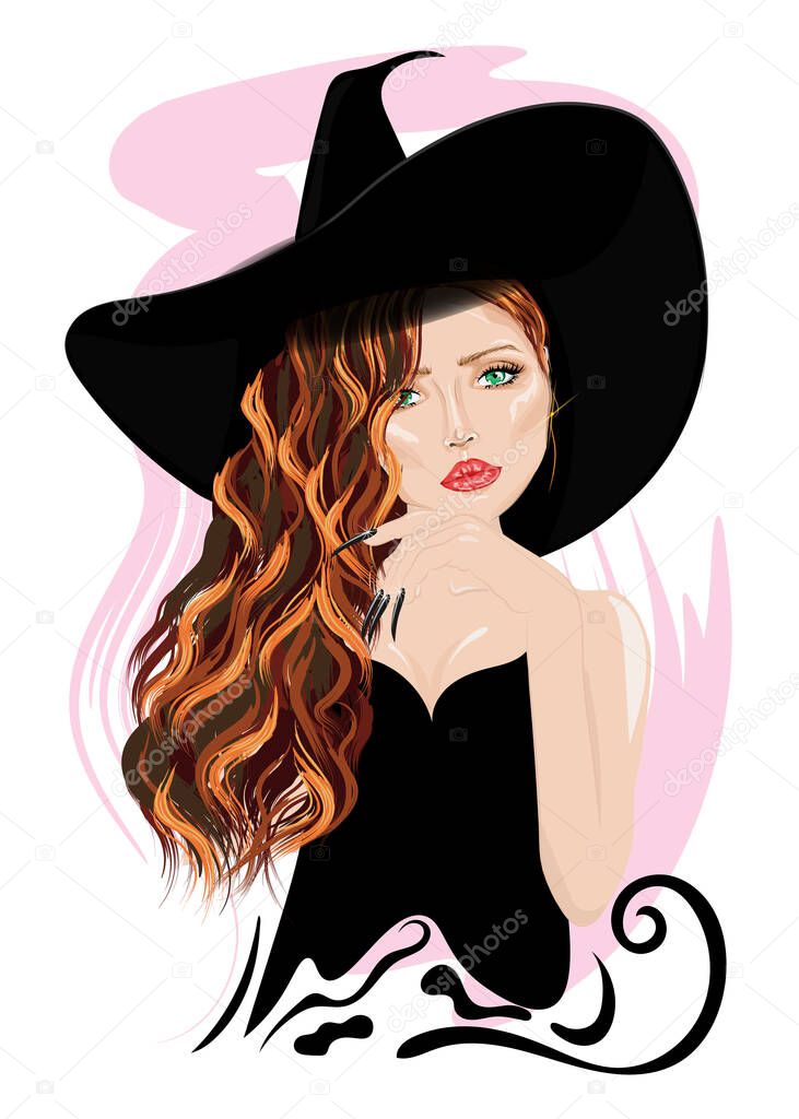 Adorable witch in a big hat. Vector illustration