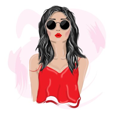 Güneş gözlüklü genç hippi kız. Vektör illüstrasyonu