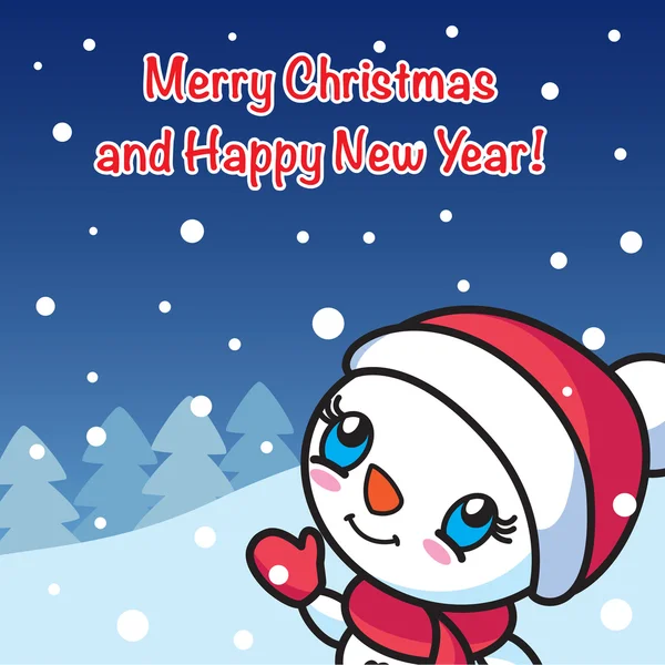 Um boneco de neve bonito no cartão de Natal de neve —  Vetores de Stock
