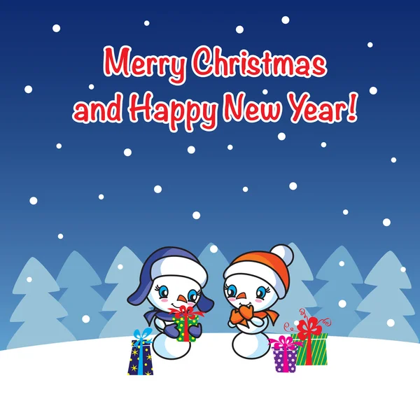 Two cute snowmen with presents Xmas card — Stock Vector